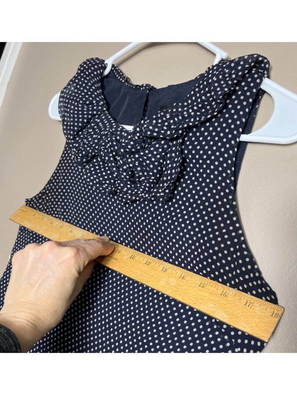 J Crew Silk Top Navy Polka Dot Sleeveless Ruffle Whimsigoth Preppy Luxury 4 - Picture 3 of 9